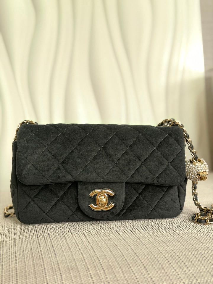 CHANEL series 30 2020 20K collection Black Velvet Crystal Pearl Crush Adjustable Strap LGHW Mini Rectangular Flap Bag