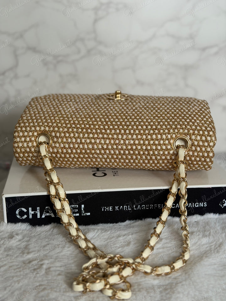 CHANEL series 17 Beige/Ivory Gold Tweed Medium ML Timeless Classic Double Flap Bag 2012 with LGHW