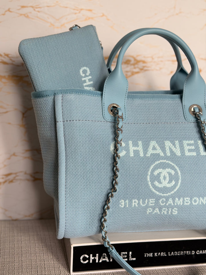 CHANEL Blue Tweed Deauville Tote Bag size SMALL with leather top handle SHW 2022