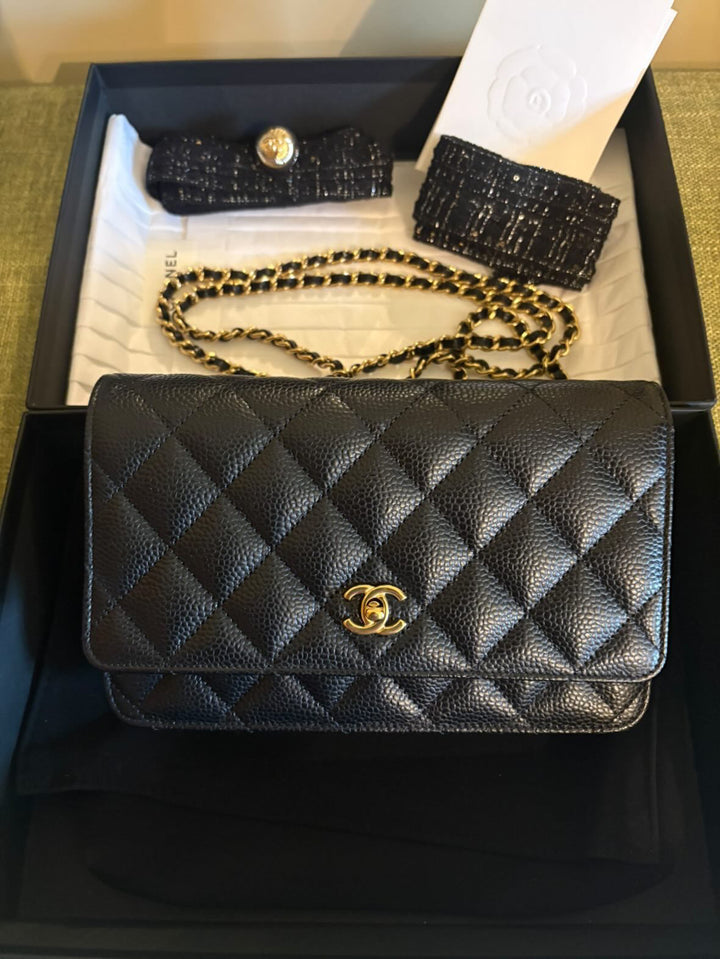 CHANEL Black Caviar GHW Turnlock New Style Classic Wallet on Chain (WOC)