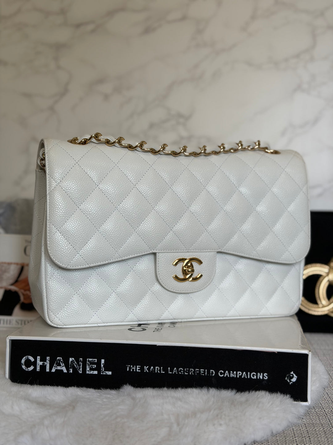CHANEL White Caviar GHW Jumbo Double Flap Classic Bag 2010