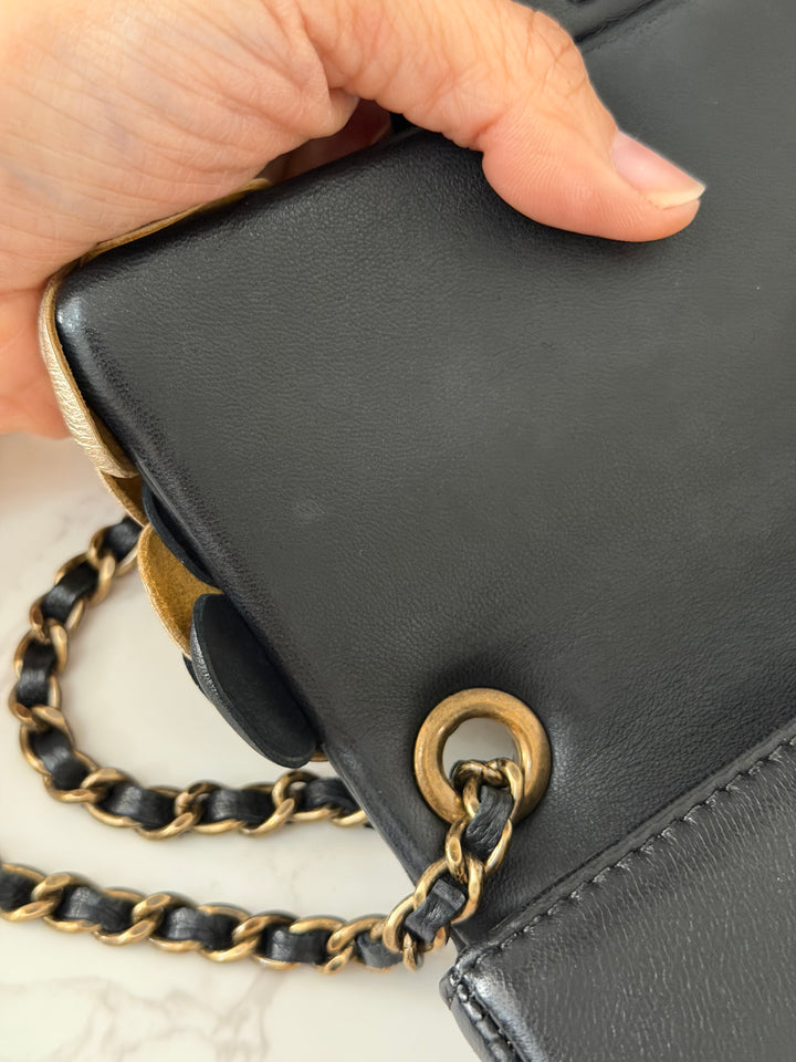 CHANEL series 21 Black Metallic Gold Camellia Flower Lambskin Mini Rectangular Flap Bag with Vintage GHW