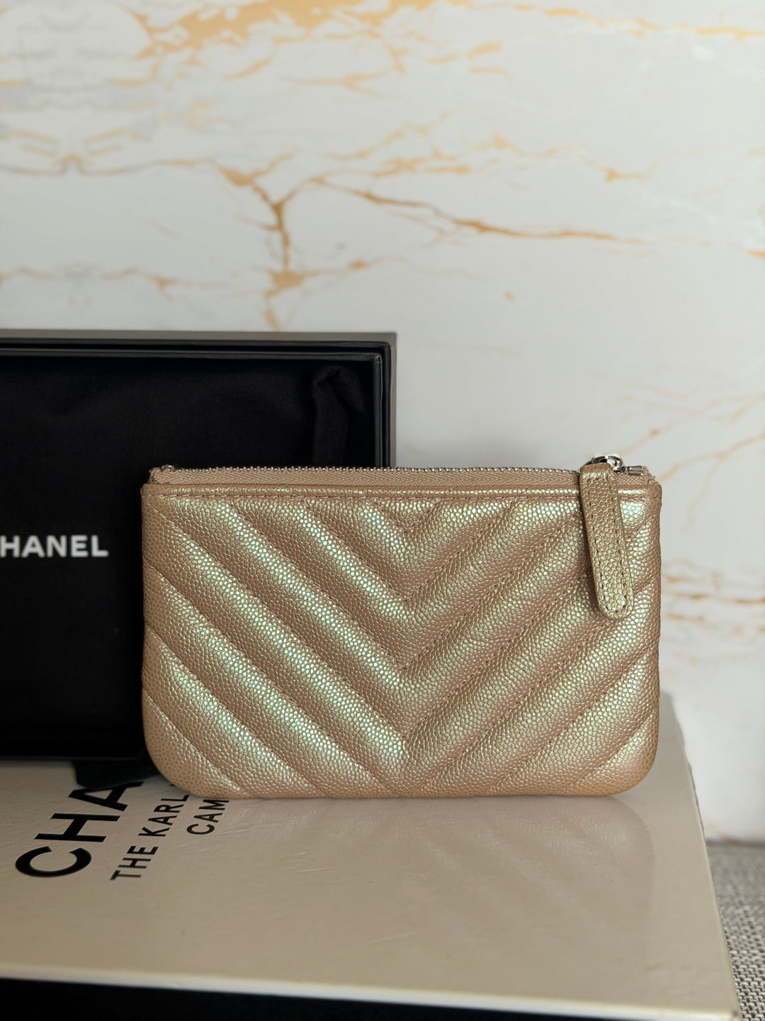 CHANEL series 27 Rose Gold Iridescent Caviar Chevron SHW Mini O Case Pouch 15 cms