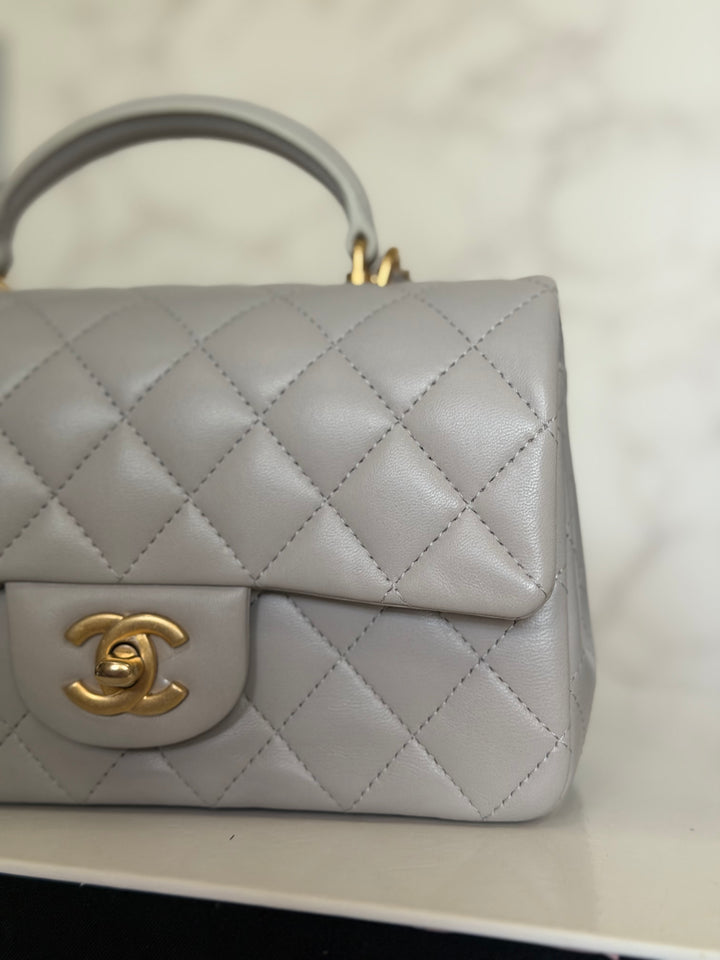 CHANEL 21A Grey Lambskin Aged GHW Top Handle Mini Rectangular Flap Bag 2021