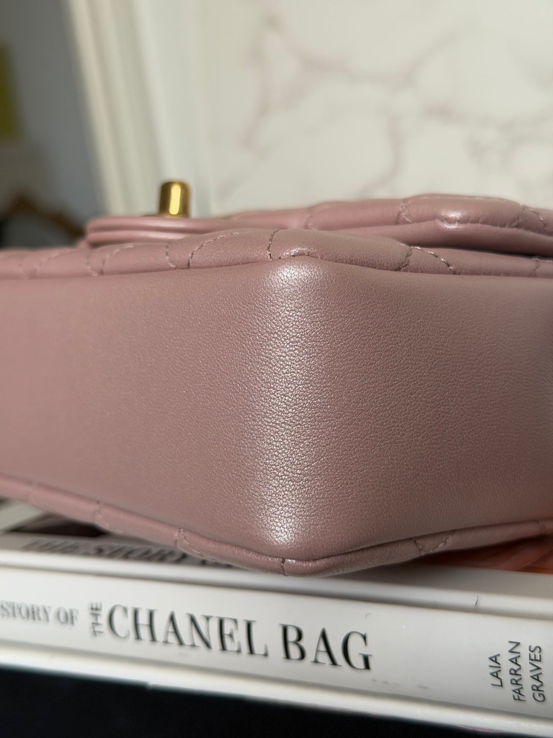 CHANEL 24P Pearly Pink Lambskin Pearl Twist Aged GHW Flap Bag 2024