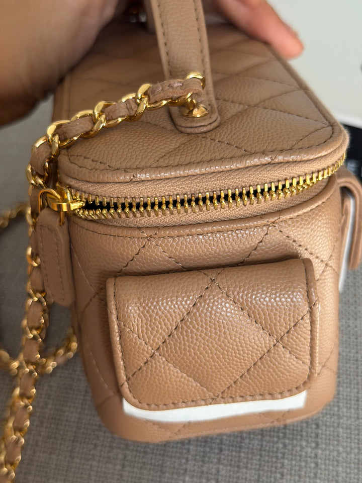 CHANEL Dark Beige Caviar Quilted Polly Pockets Cargo Small Vanity Case with Aged GHW 2023