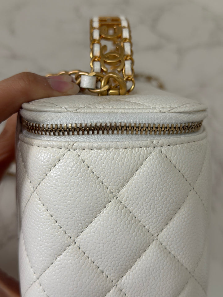 CHANEL 22S Collection 2022 Pick Me Up White Caviar Small Vanity Case with Metal Top Handle GHW