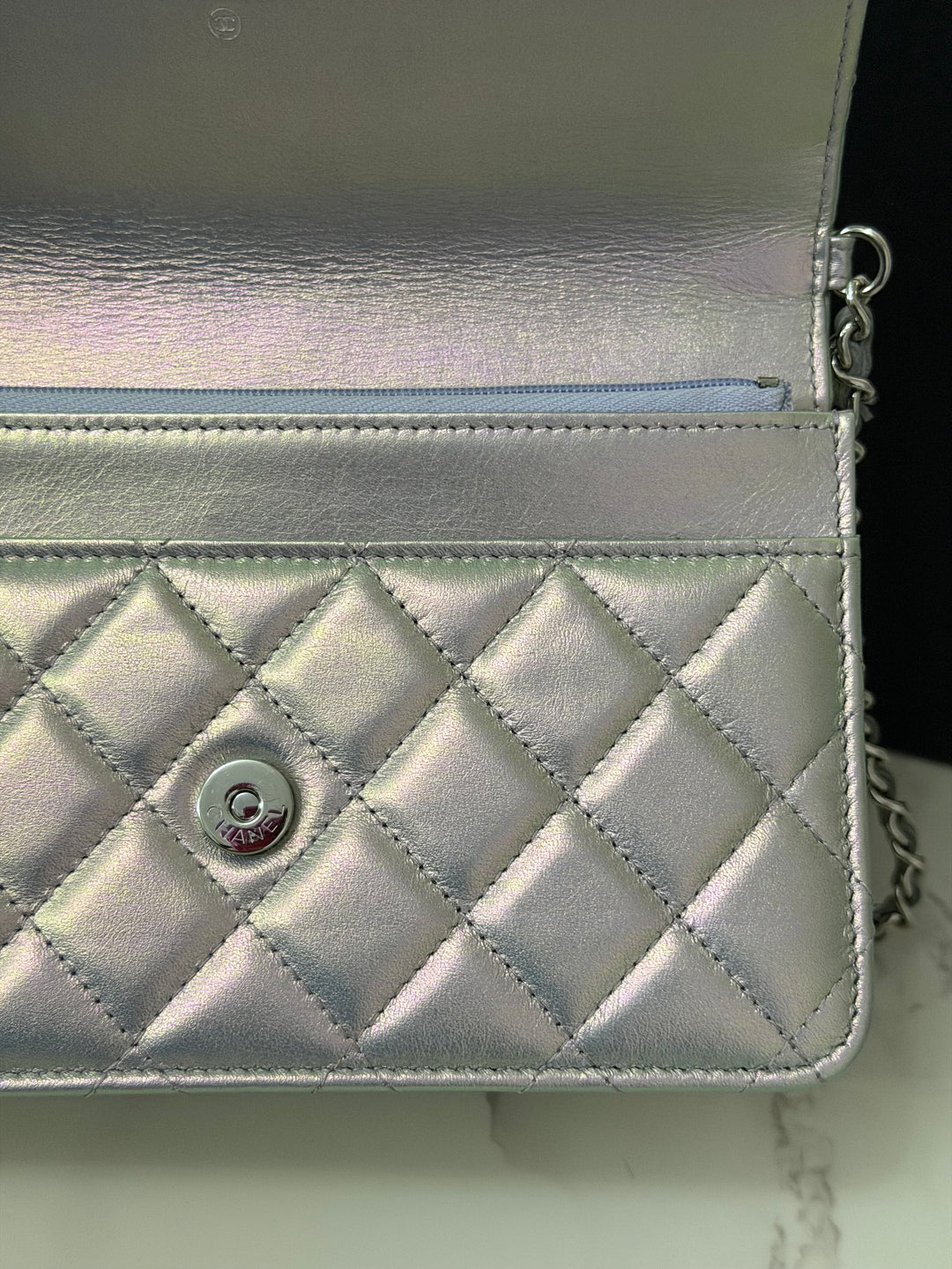 CHANEL 21K Silver Lambskin SHW Classic Wallet On Chain (WOC)