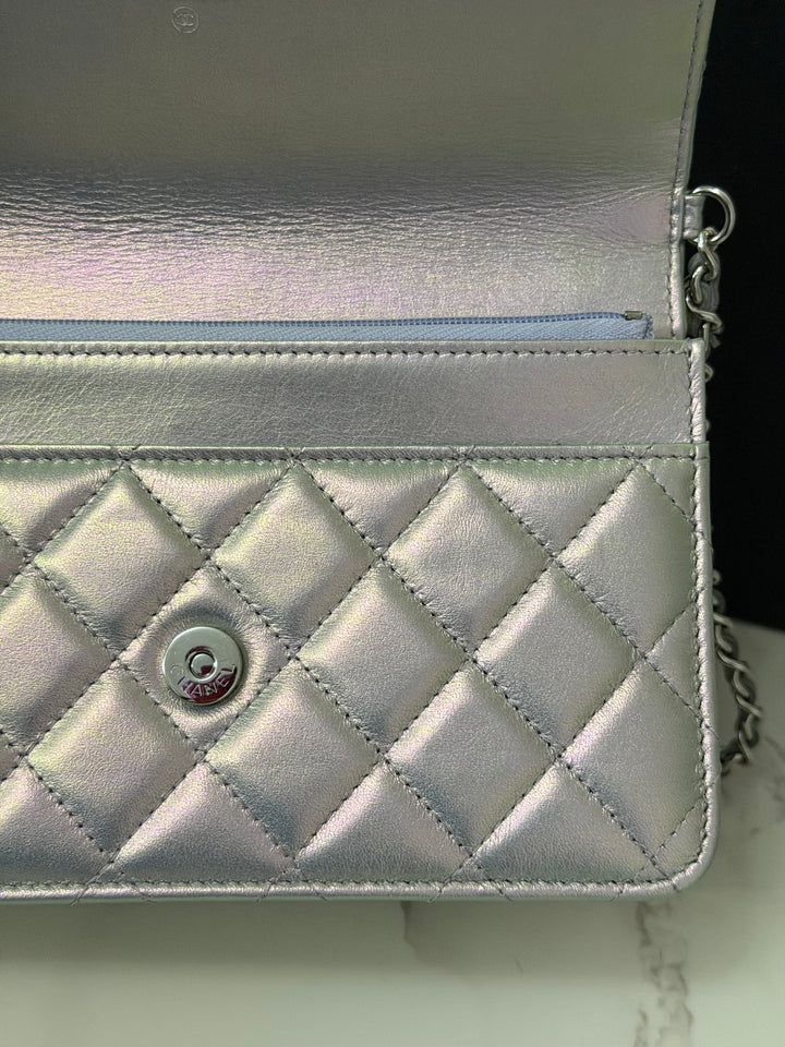 CHANEL 21K Silver Lambskin SHW Classic Wallet On Chain (WOC)