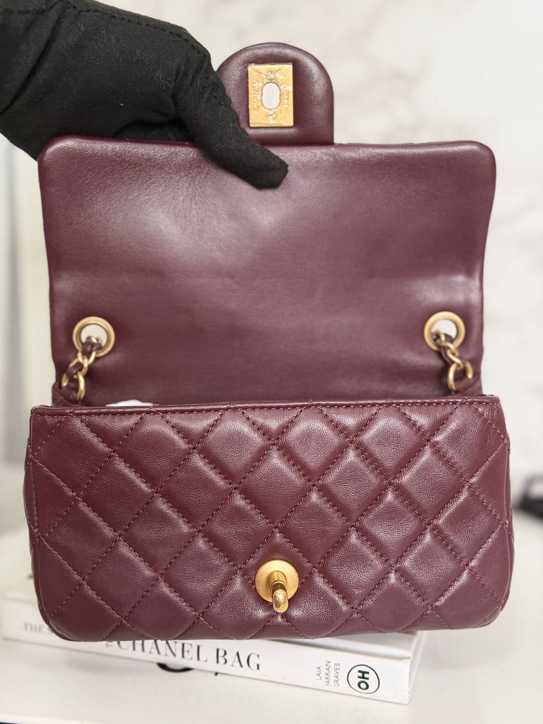 CHANEL 21B Burgundy Lambskin Aged GHW Pearl Crush Adjustable Chain Mini rectangular flap Bag 2021