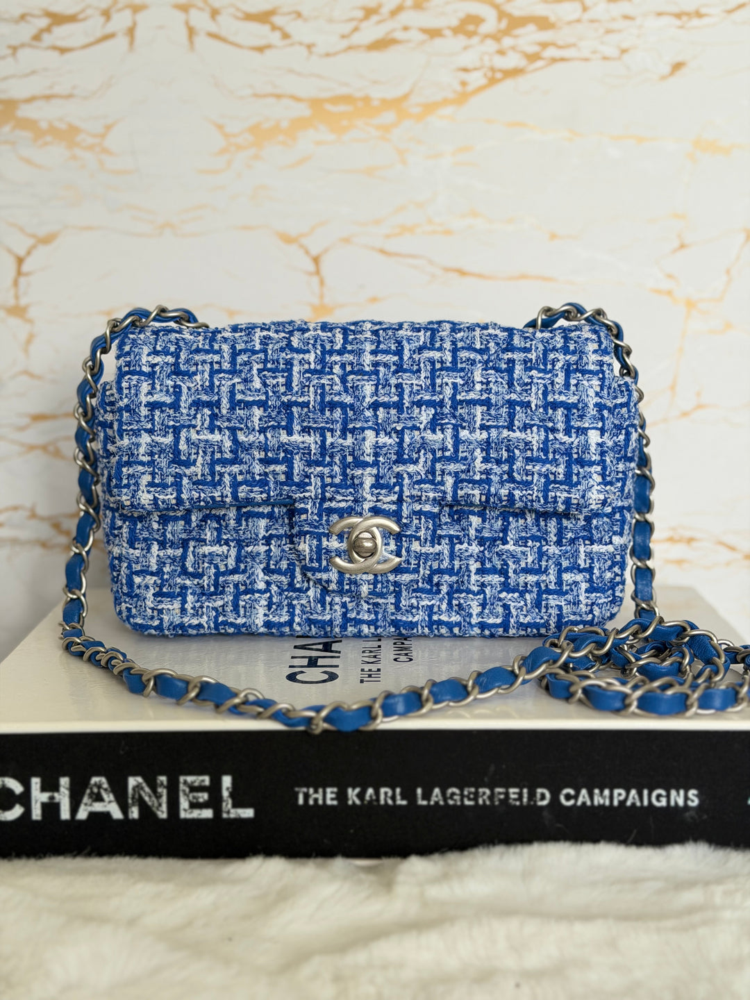 CHANEL 23P Cobalt Blue Muti Coloured Tweed Brushed SHW Mini rectangular flap bag 2023