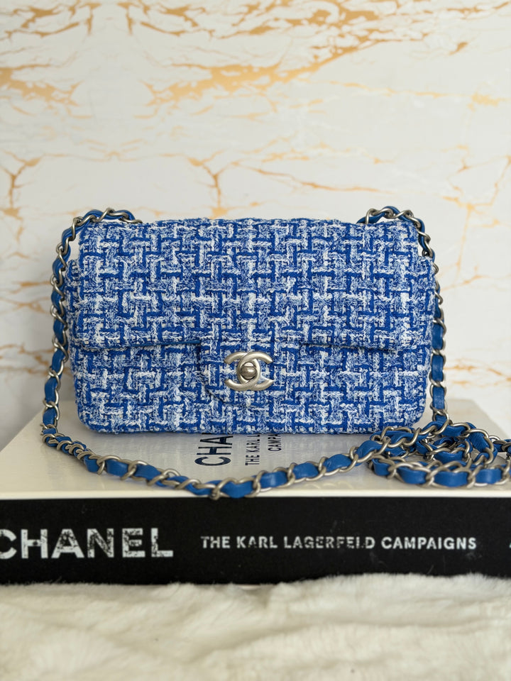 CHANEL 23P Cobalt Blue Muti Coloured Tweed Brushed SHW Mini rectangular flap bag 2023