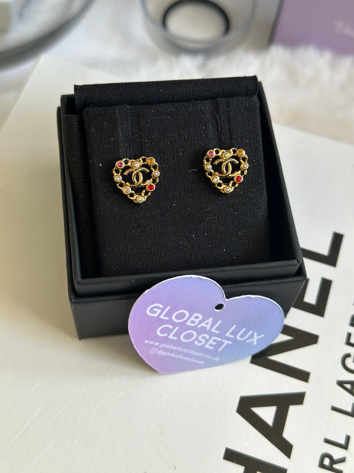 Chanel 21A Heart Multi coloured gems Gold tone earrings