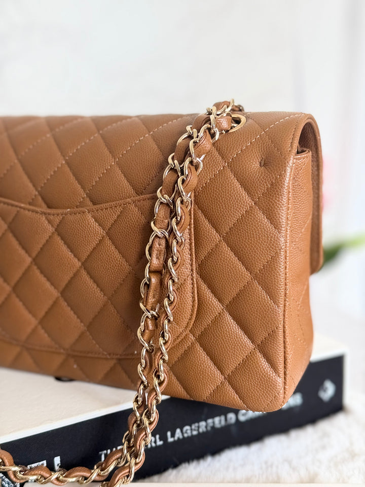CHANEL 17C Brown Caramel Caviar LGHW Medium ML Timeless Classic Double Flap Bag 2016/2017