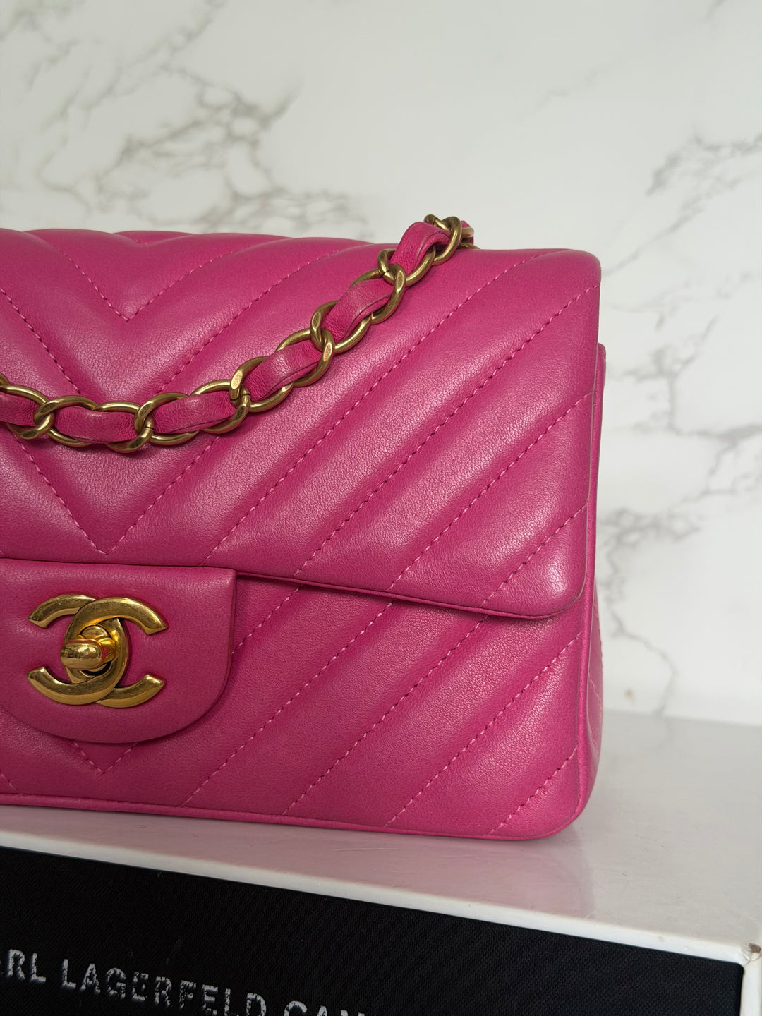 CHANEL series 21 Pink Lambskin Chevron Mini Rectangular Flap Bag with GHW 2015