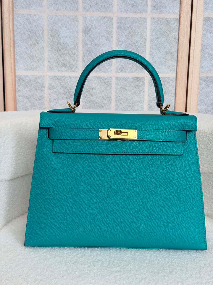 HERMÈS Kelly 28 Epsom Leather Sellier Special Order Bleu Paon GHW Stamp D 2019