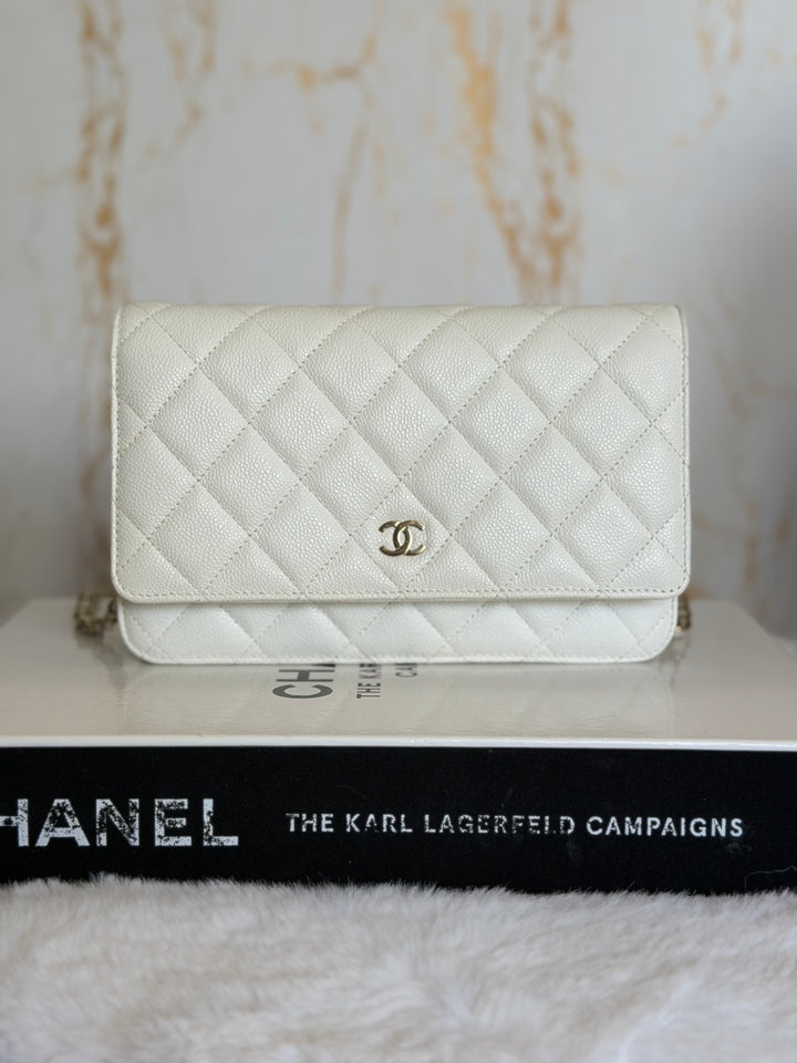 CHANEL White Caviar LGHW Classic Wallet on Chain (WOC) 2024