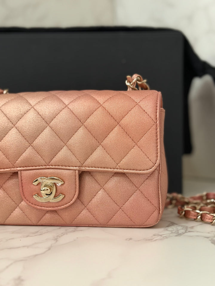 CHANEL 21S Ombré Rose Gold Metallic Copper Lambskin LGHW Mini Rectangular Flap Bag 2021