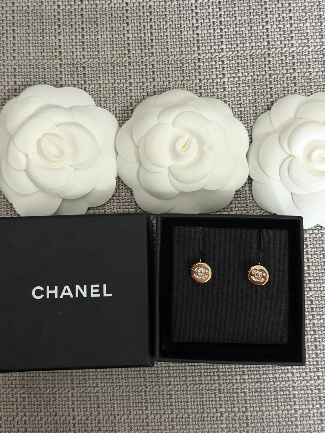 CHANEL 2024 Light Gold Round Earrings with Crystals 0.5 cms diameter