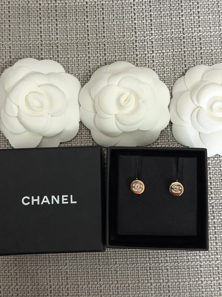 CHANEL 2024 Light Gold Round Earrings with Crystals 0.5 cms diameter