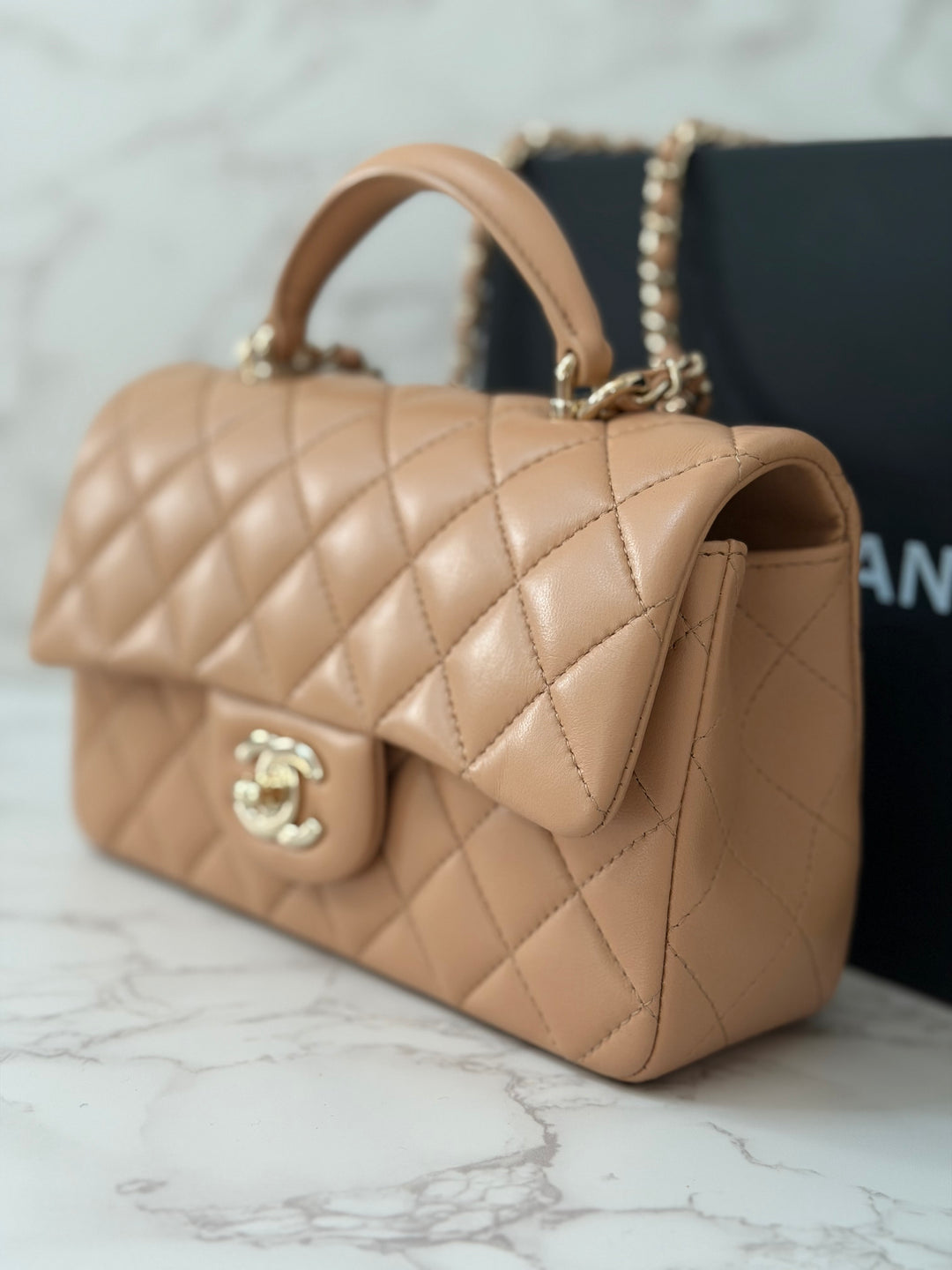 CHANEL 23K 2023 Dark Beige NR649 Lambskin LGHW Mini Rectangular Flap Bag with Top Handle