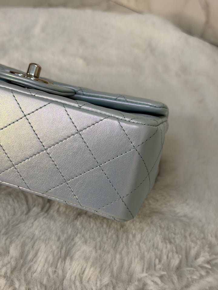 CHANEL 21K 2021 Iridescent light Blue Calf skin SHW Mini rectangular flap bag microchip