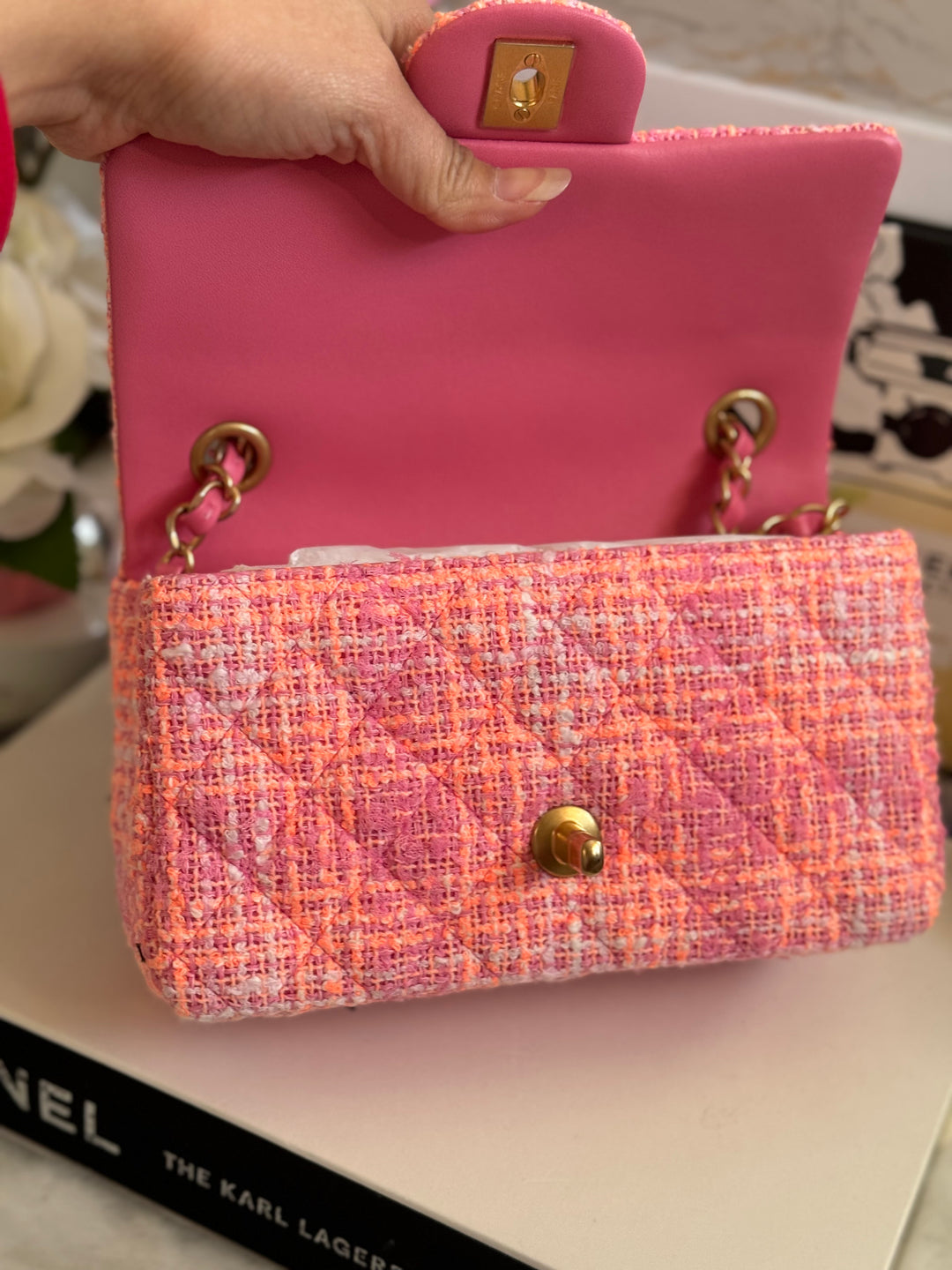 Chanel 24C 2024 Cruise Collection Tweed Pink Orange White Mini Rectangular Flap Bag with Aged GHW