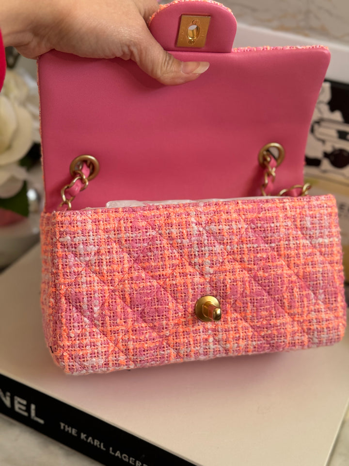 Chanel 24C 2024 Cruise Collection Tweed Pink Orange White Mini Rectangular Flap Bag with Aged GHW