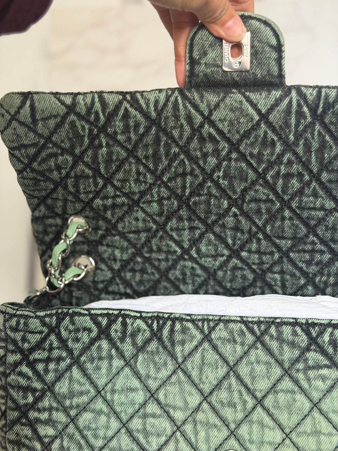 CHANEL 20C series 29 Green Denim Jumbo SHW Denimpression Flap Bag 2020