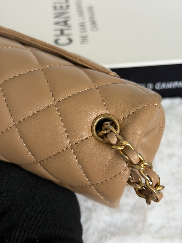 CHANEL 22B Taupe Dark Beige Lambskin Aged GHW Pearl Crush Adjustable Chain Mini Rectangular Flap Bag 2022
