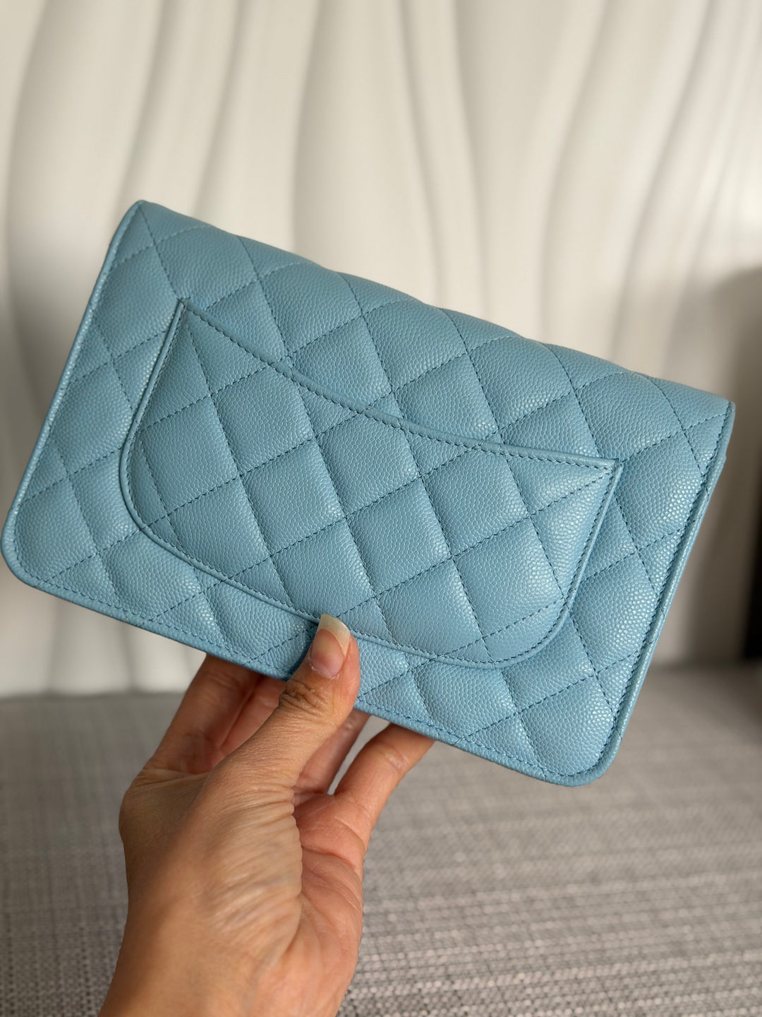CHANEL 22S Collection 2022 Baby Blue/ Light Blue Caviar LGHW Classic Wallet on chain (WOC)