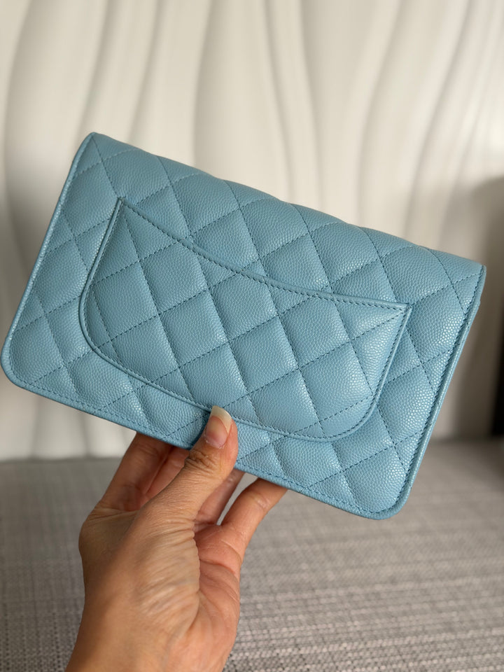CHANEL 22S Collection 2022 Baby Blue/ Light Blue Caviar LGHW Classic Wallet on chain (WOC)