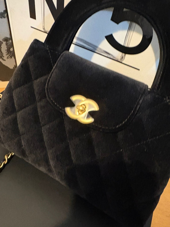 CHANEL Black Velvet Kelly Shopping Bag size SMALL aged GHW 19 cms fits iPhone pro Max 2025