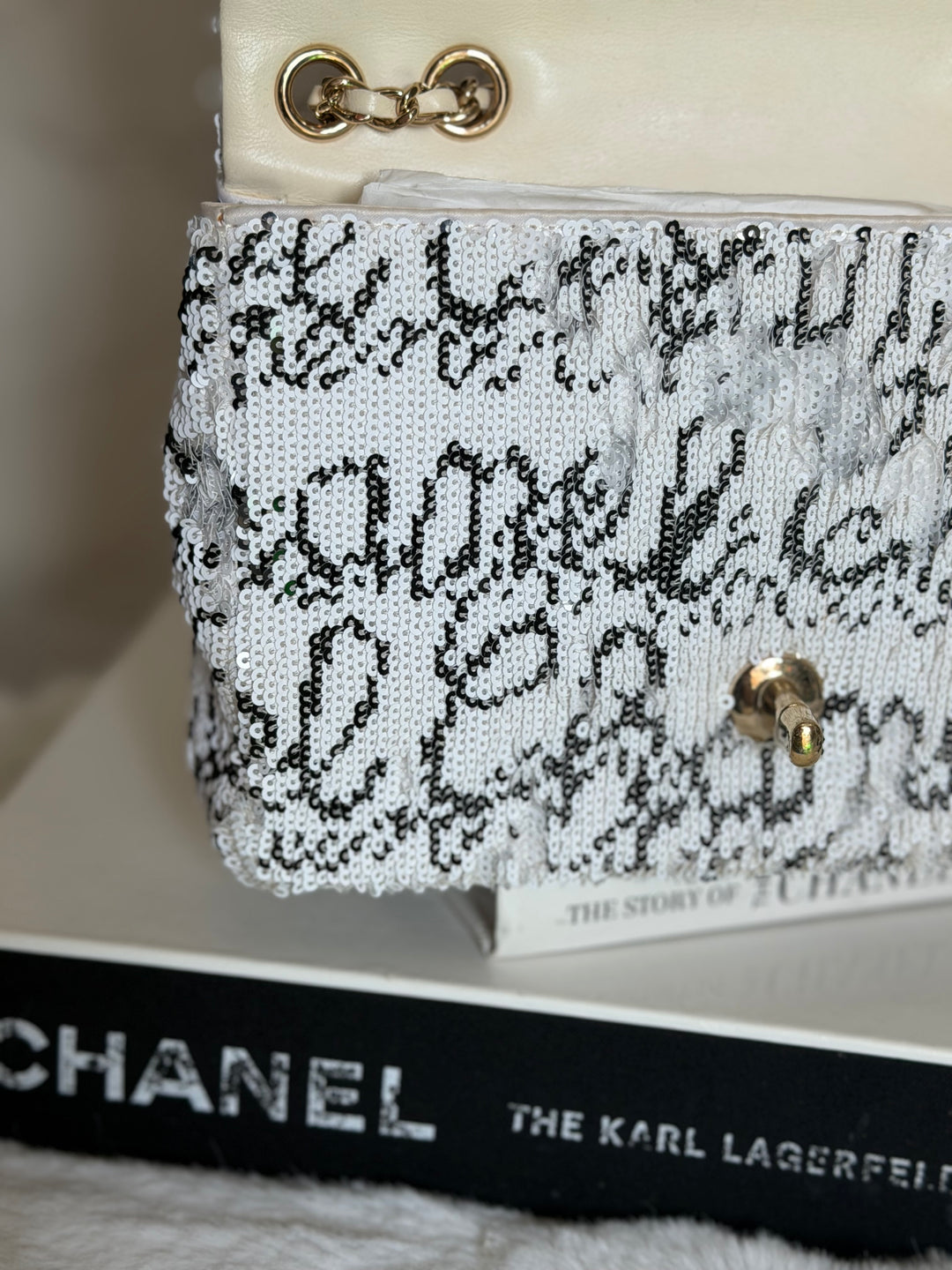 CHANEL 22C White and Black Sequin SMALL Flap Bag LGHW 2022