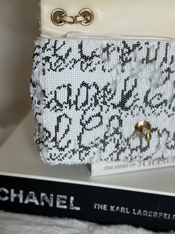 CHANEL 22C White and Black Sequin SMALL Flap Bag LGHW 2022