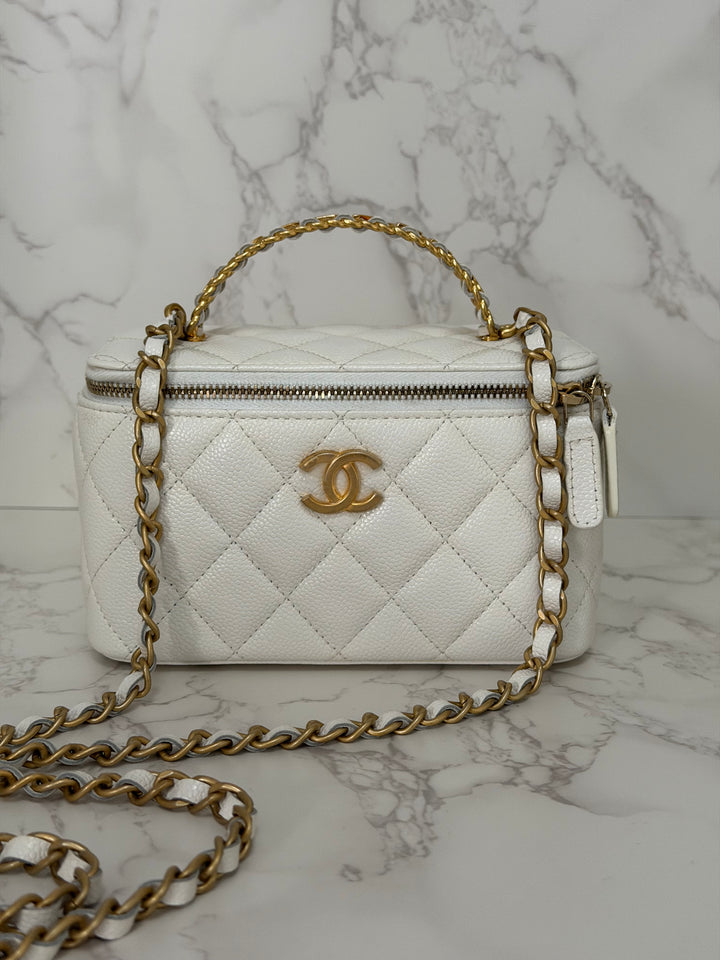 CHANEL 22S Collection 2022 Pick Me Up White Caviar Small Vanity Case with Metal Top Handle GHW