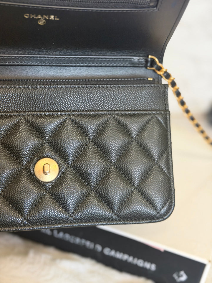CHANEL Camellia Turnlock Black Lambskin Brushed GHW Classic Wallet on Chain (WOC) microchip 2023