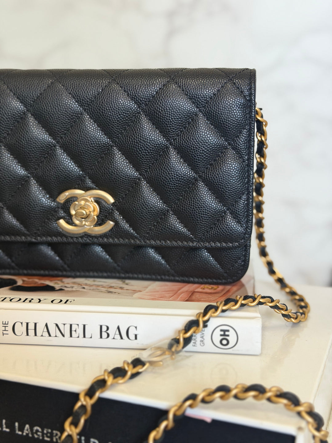 CHANEL Camellia Turnlock Black Lambskin Brushed GHW Classic Wallet on Chain (WOC) microchip 2023