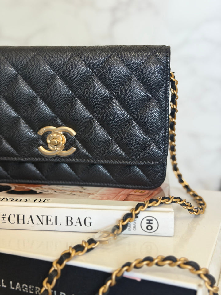 CHANEL Camellia Turnlock Black Lambskin Brushed GHW Classic Wallet on Chain (WOC) microchip 2023