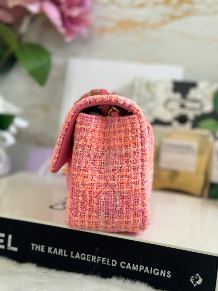 Chanel 24C 2024 Cruise Collection Tweed Pink Orange White Mini Rectangular Flap Bag with Aged GHW