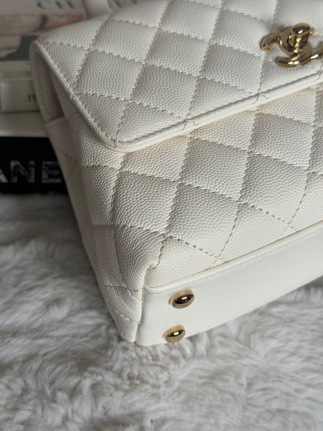 CHANEL White Caviar LGHW Coco Handle Flap Bag Size SMALL with detachable Strap Microchipped