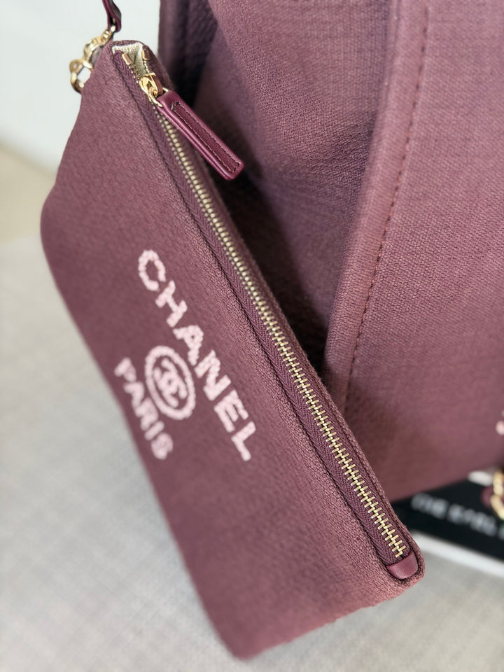 Chanel Burgundy Tweed Deauville Tote with Leather top handle size SMALL 13 inches 2024
