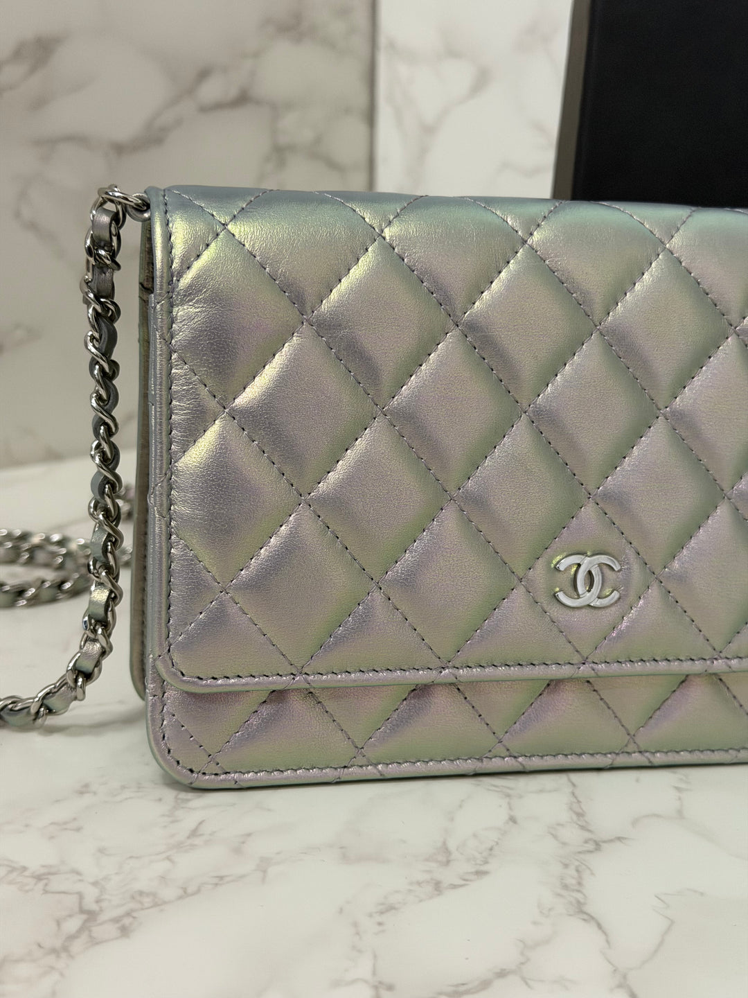 CHANEL 21K Silver Lambskin SHW Classic Wallet On Chain (WOC)
