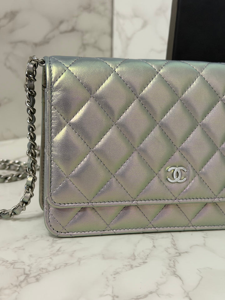 CHANEL 21K Silver Lambskin SHW Classic Wallet On Chain (WOC)