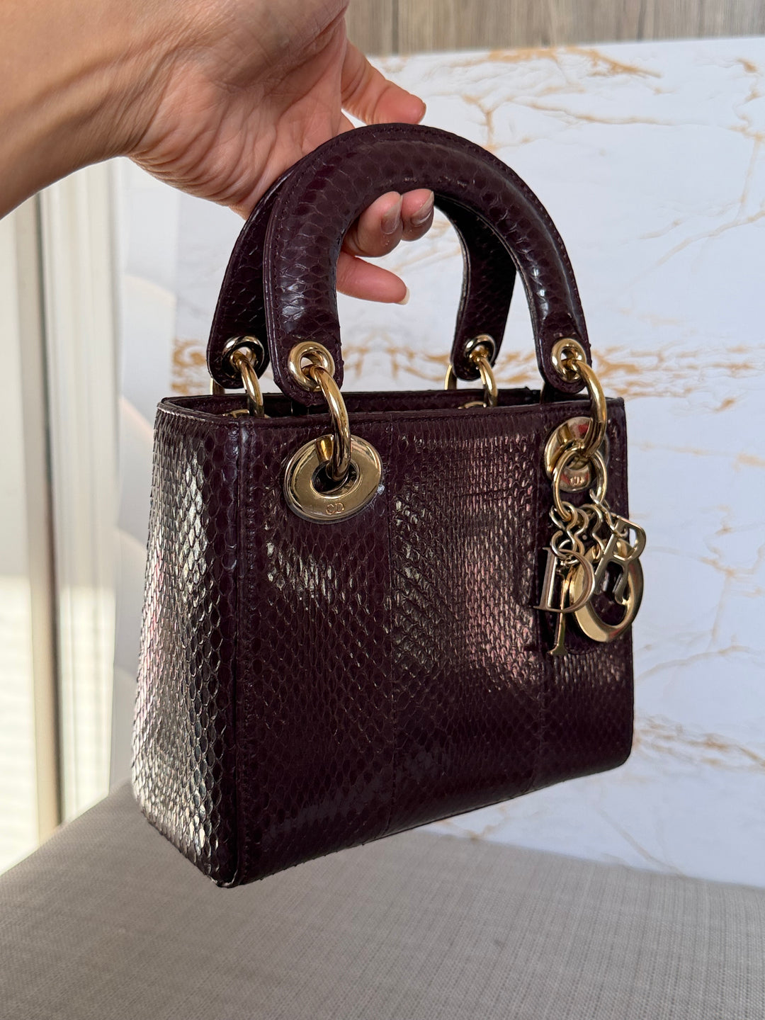 Dior Lady Dior MINI Burgundy Dark Red Python Leather 2018 LGHW