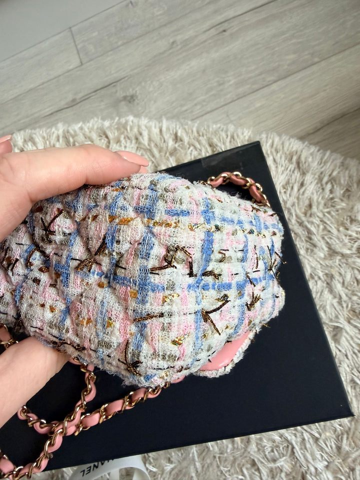 CHANEL Series 27 Pink Blue Green Ecru Gold Tweed Mini Flap Bag LGHW 2018
