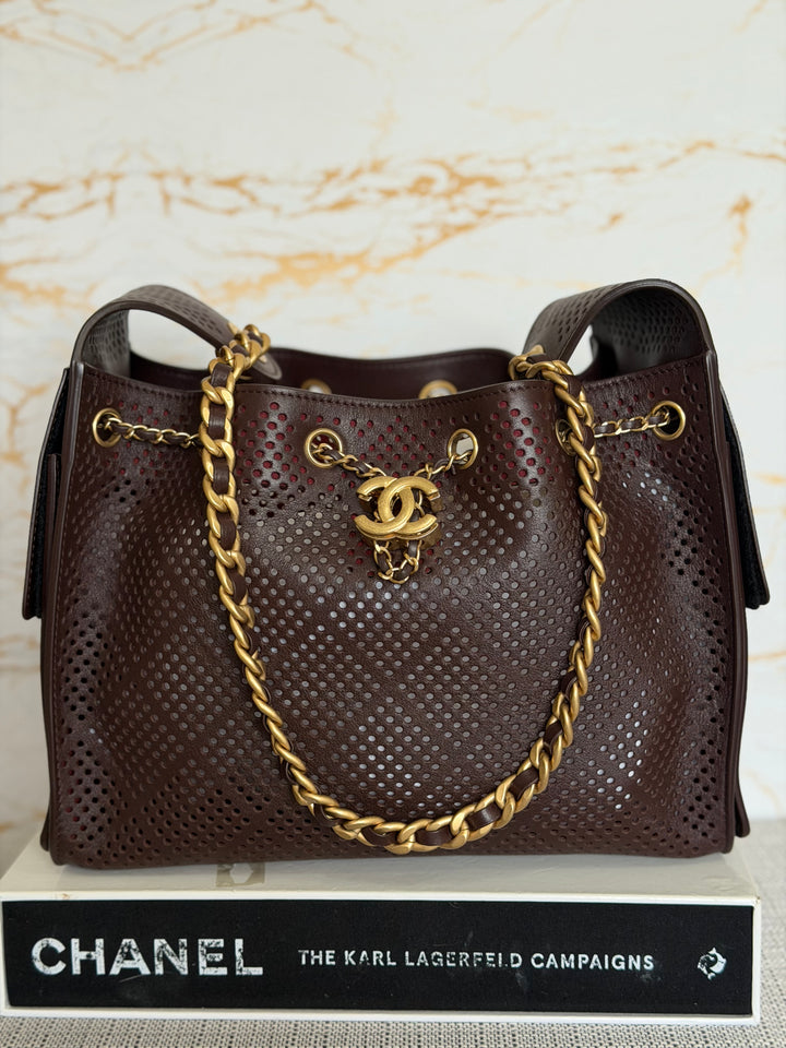 CHANEL 26S 25 Hobo Bag in Perforated BROWN Calf skin Aged GHW size SMALL