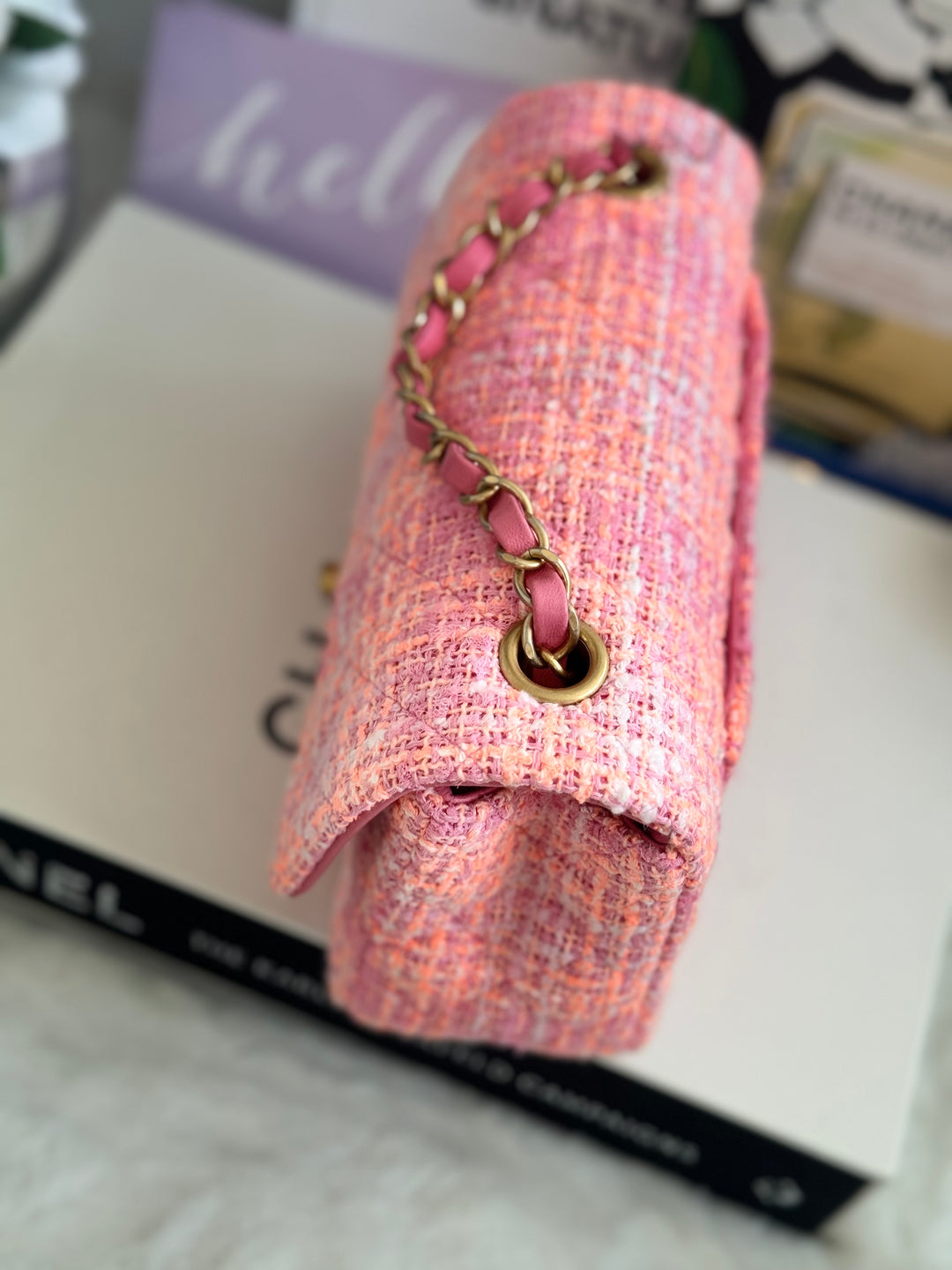 Chanel 24C 2024 Cruise Collection Tweed Pink Orange White Mini Rectangular Flap Bag with Aged GHW