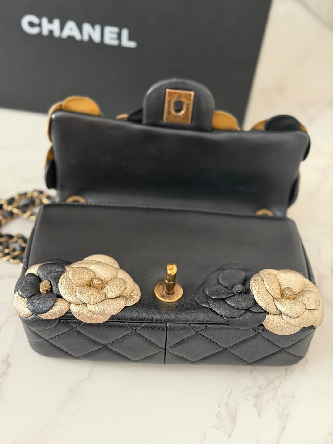 CHANEL series 21 Black Metallic Gold Camellia Flower Lambskin Mini Rectangular Flap Bag with Vintage GHW