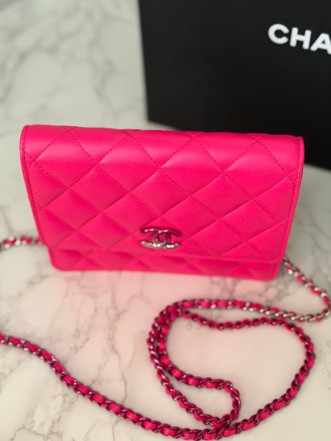 CHANEL 24C 2023/2024 Bright Hot Pink Ombré Hardware Square Wallet on Chain (WOC)
